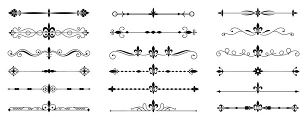 Royal Lily Border Collection With Fleur de Lis Symbols and Elegant Vintage Flourish Strokes in Clean Vector Illustration, Ornamental Decorative Dividers for Labels, Certificates, and Diplomas