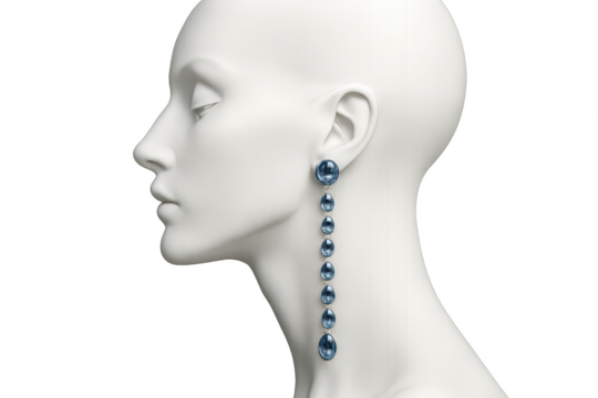 Mannequin head with long blue drop earring, isolated on transparent background - Powered by Adobe