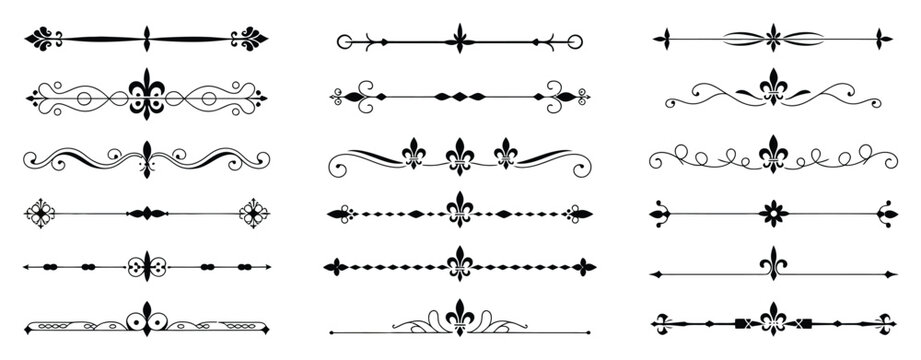 Royal Lily Border Collection With Fleur de Lis Symbols and Elegant Vintage Flourish Strokes in Clean Vector Illustration, Ornamental Decorative Dividers for Labels, Certificates, and Diplomas