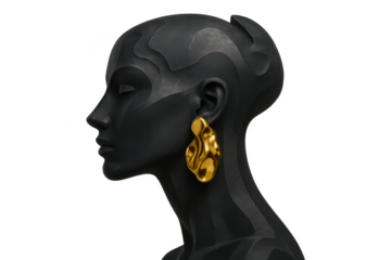 Abstract Gold Earring on Black Mannequin Head, Isolated on Transparent Background