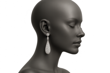 Stunning diamond drop earring on dark mannequin head with transparent background.