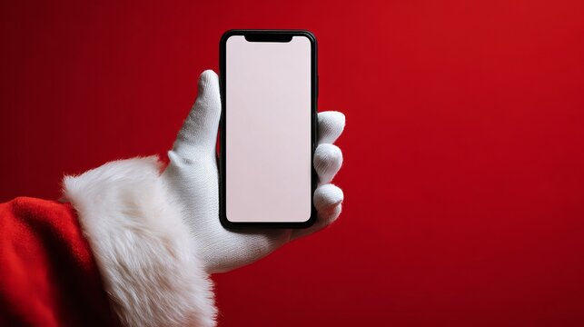 Santa Claus showcasing your app or website on his phone for festive holiday marketing campaigns this December season with great cheer - Powered by Adobe