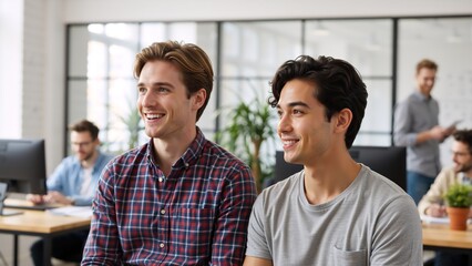 Two diverse young male colleagues smiling during a business meeting. Happy professional employees listening to a presentation in a modern office. Corporate training and teamwork concept