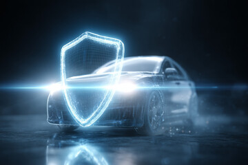 Glowing shield protecting a car on dark background.