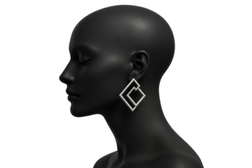 Elegant geometric silver earring, black mannequin, side profile, transparent background