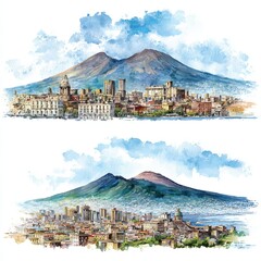 Naples Cityscape: Two watercolor illustrations showcase the vibrant cityscape of Naples, Italy, under a beautiful sky, with a majestic volcano in the background.