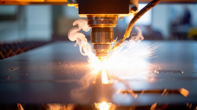 High-precision industrial laser cutting metal sheet in modern manufacturing facility.
