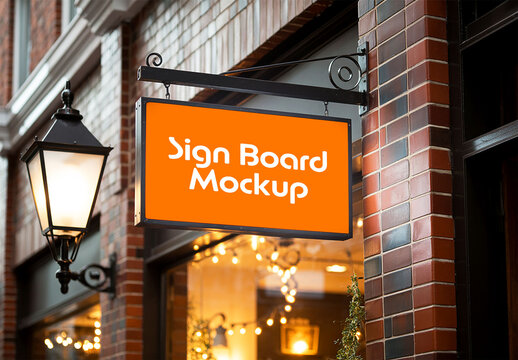 Hanging Store Signboard Mockup on Brick Wall at Night