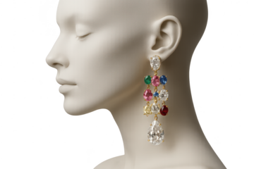 Colorful gemstone chandelier earring on mannequin with a transparent background.
