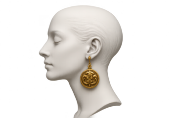 Elegant gold earring on mannequin head, profile view with a transparent background.