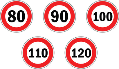 Set of speed limit signs. Road speed from 80-120kmh and no speed limit. Generic speed limit sign with red circle and black number. Road speed limit warnings. Depicting speed limits ranging.