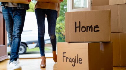 Happy couple carrying moving boxes into their new home during relocation day.
