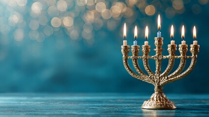 Stunning golden Hanukkah menorah glows with lit candles against a deep teal bokeh background