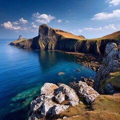 Coastal Vista: Witness the captivating allure of nature where the robust cliffs meet the endless sea. Capture the rugged texture of the rocks, embrace the calmness of the deep blue water.