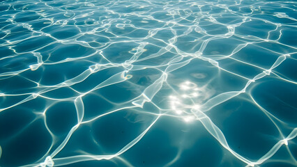 Shimmering blue water surface with sunlight reflections creating an abstract background texture for summer and aquatic themes