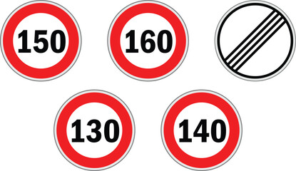 Set of speed limit signs. Road speed from 130-160kmh and no speed limit. Generic speed limit sign with red circle and black number. Road speed limit warnings. Depicting speed limits ranging. no limit
