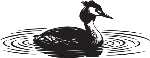 Black Silhouette of a Great Crested Grebe Floating on Rippling Water bird water bird also transparent background