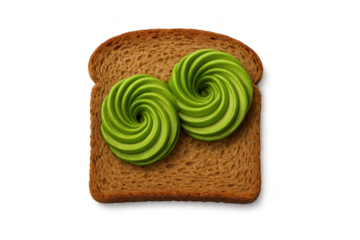 Artistic avocado swirls on toasted bread, isolated with a transparent background.
