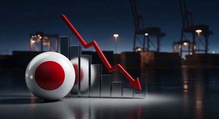 Stunning visual of Japanese economic downturn symbolized by falling red arrow over dark industrial port setting
