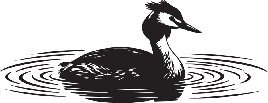 Black Silhouette of a Great Crested Grebe Floating on Rippling Water bird water bird also transparent background