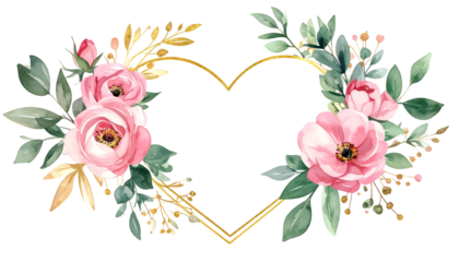 Watercolor heart shape frame with pink roses, green leaves, and gold accents on black