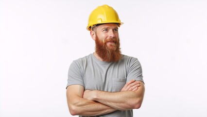 Confident construction worker with a red beard wearing a yellow hard hat. Professional male builder with arms crossed on an isolated white background