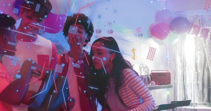 Teens gathering at pool table confetti popping birthday events overlays opening gift sharing phone