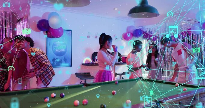 Guests tapping phones, posing at fringe curtain for selfies, teal AR icons showing cake and pool