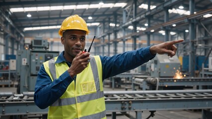 Industrial engineer communicating on a walkie-talkie in a factory. Male supervisor in safety gear pointing and giving directions