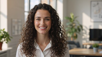 Portrait of a smiling young professional woman with curly hair. Happy businesswoman looking at the camera in a modern office
