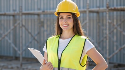 Confident female engineer smiling at a construction site. Professional woman worker in a yellow hard hat and safety vest holding a clipboard