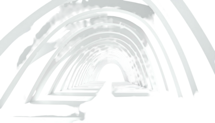 Futuristic white tunnel with repeating arched structures receding into the distance