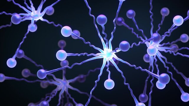 Interaction of neurons in neural network: information transfer through neural connections. Concept of artificial intelligence in data analytics, machine learning process. Realistic 4K looped animation