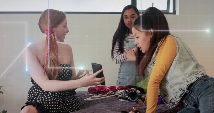 4 girls on bed opening phone gasping, passing phone showing looks while fashion overlays animating