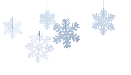 Five ornate, hanging paper snowflakes in varying sizes, against a stark black backdrop
