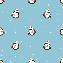 Seamless pattern with penguins and snow.