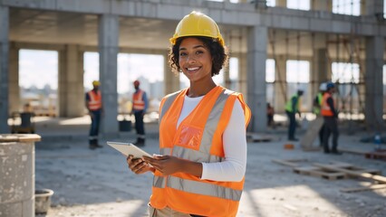 Smiling female engineer with a tablet at a construction site. Portrait of a professional black woman in a hard hat and safety vest working on a building project