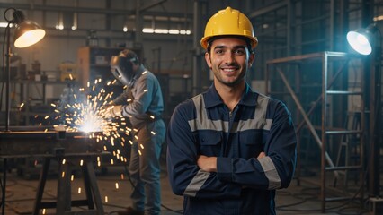 Confident professional factory worker in a hard hat smiling at the camera. Industrial engineer in a workshop with a welder creating sparks in the background
