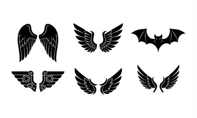 A collection of diverse black silhouette wing designs, including feathered, mechanical, and bat styles, against a clean white background.
