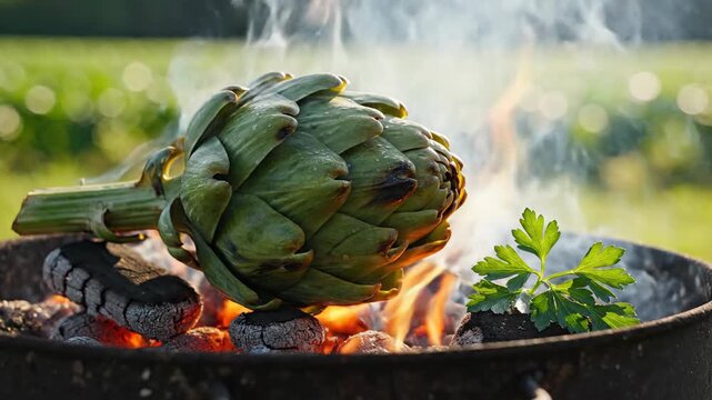 Fresh artichoke grilling outdoors over hot coals with herbs and smoke