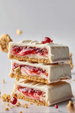 Three stacked protein bars or snacks coated in smooth white chocolate. Inside is a golden cookie crumb base and a glossy, bright pink layer of strawberry jam with realistic shimmer and glitter. Dubai 