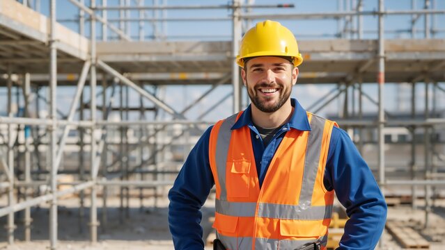 Happy construction worker smiling at a building site. Portrait of a professional engineer in a hard hat and safety vest. Industrial contractor on the job - Powered by Adobe