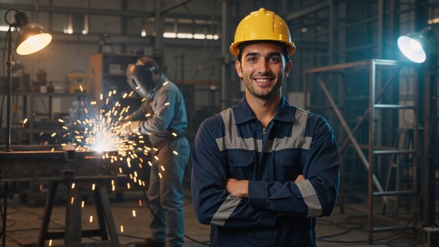 Confident professional factory worker in a hard hat smiling at the camera. Industrial engineer in a workshop with a welder creating sparks in the background - Powered by Adobe