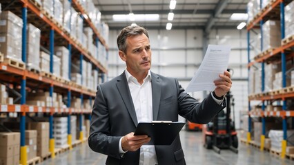 Professional manager checking inventory in a large warehouse. Businessman reviewing a document with a clipboard. Supply chain and logistics management concept