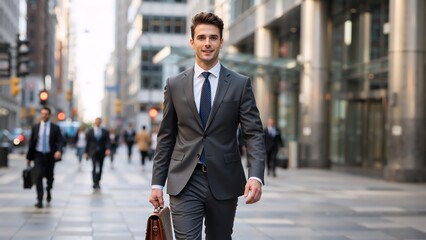 Successful businessman walking confidently on a city street. Young professional in a suit with a briefcase. Corporate career and urban lifestyle concept