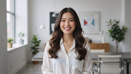 Happy young asian businesswoman smiling in a modern office environment. Confident professional female employee portrait looking at the camera