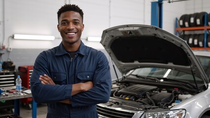 Confident Black car mechanic smiling in an auto repair shop. Professional male technician with arms crossed standing by a car with an open hood