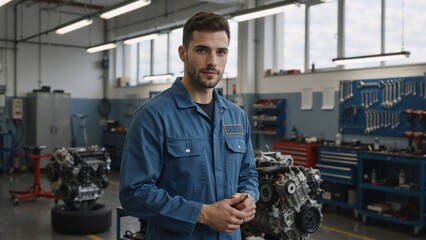 Confident young male mechanic in a blue uniform standing in a car service workshop. Professional automotive technician looking at the camera