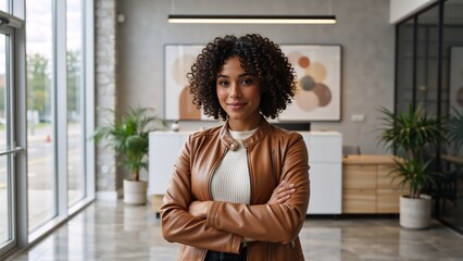 Confident professional businesswoman with curly hair smiling in a modern office. Portrait of a young female entrepreneur standing with arms crossed in a corporate lobby