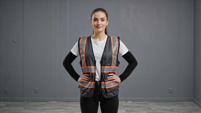 Confident female worker in a safety vest looking at the camera. Portrait of a young professional engineer on a construction site with copy space - Powered by Adobe